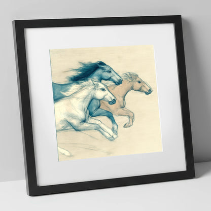 Azure Equine Trio wild horses art print in black frame