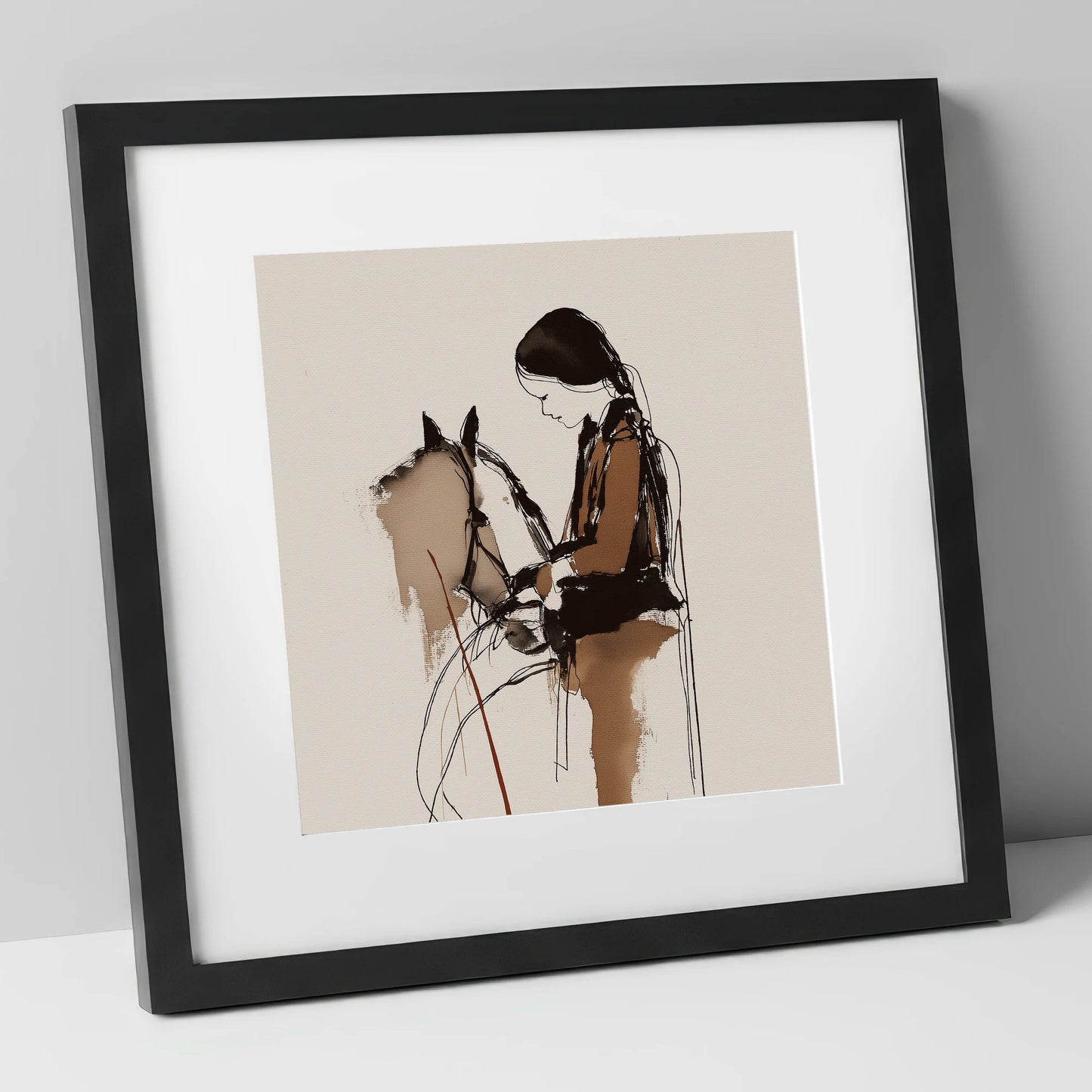Silent Dialogue horse & rider art print in black frame