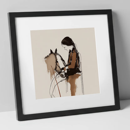 Silent Dialogue horse & rider art print in black frame