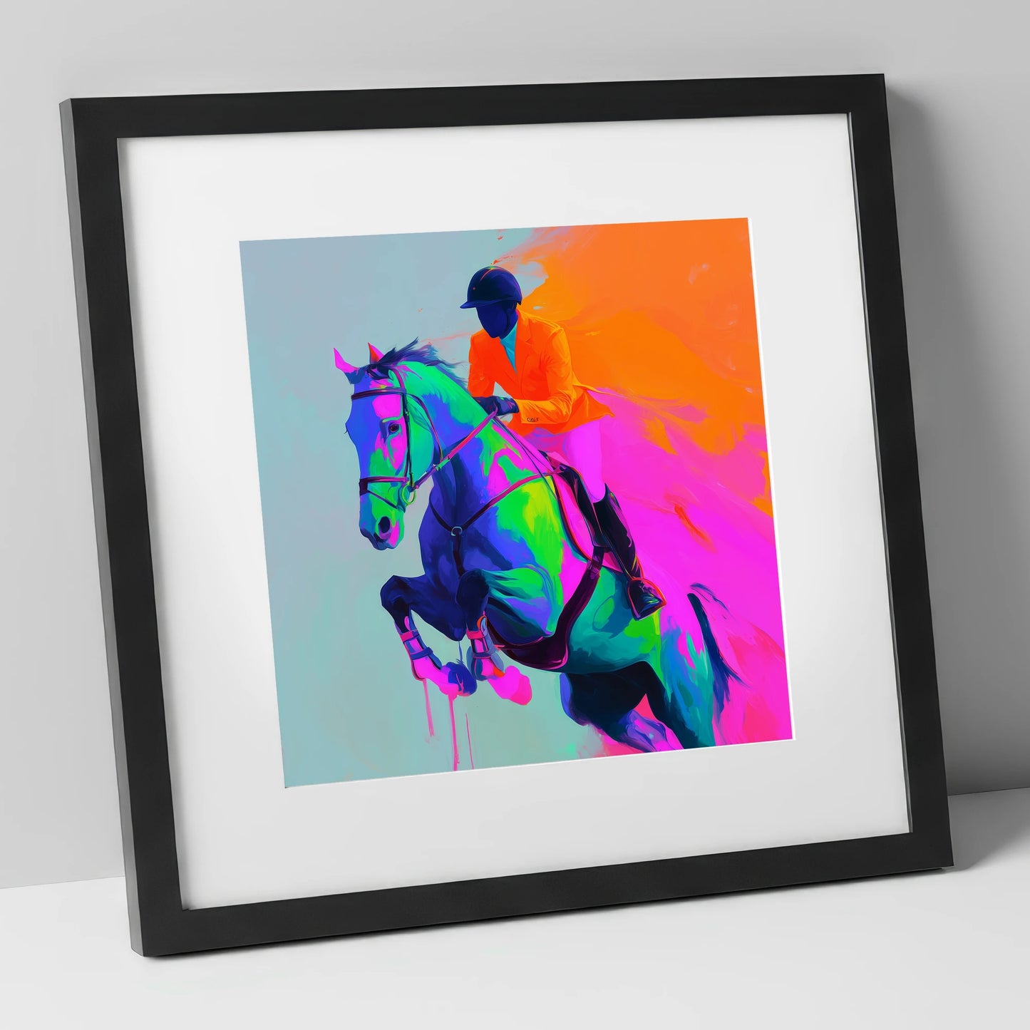 Technicolour Flight show jumping horse art print in black frame