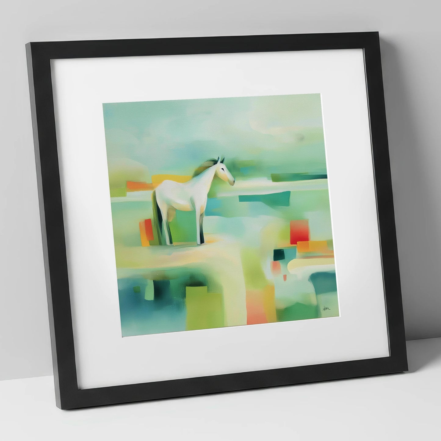Abstract Grey Harmony horse landscape art print in black frame