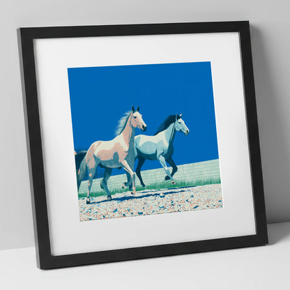Azure Horizon Strides wild horses art print in black frame