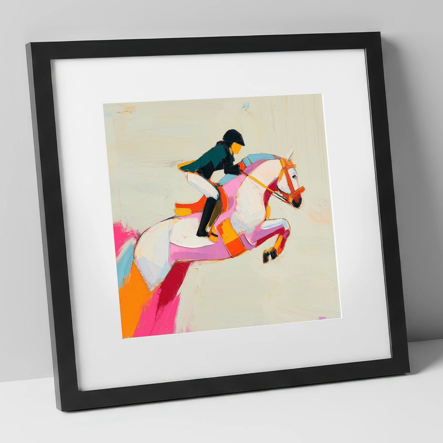 Vivid Bascule show jumping horse art print in black frame
