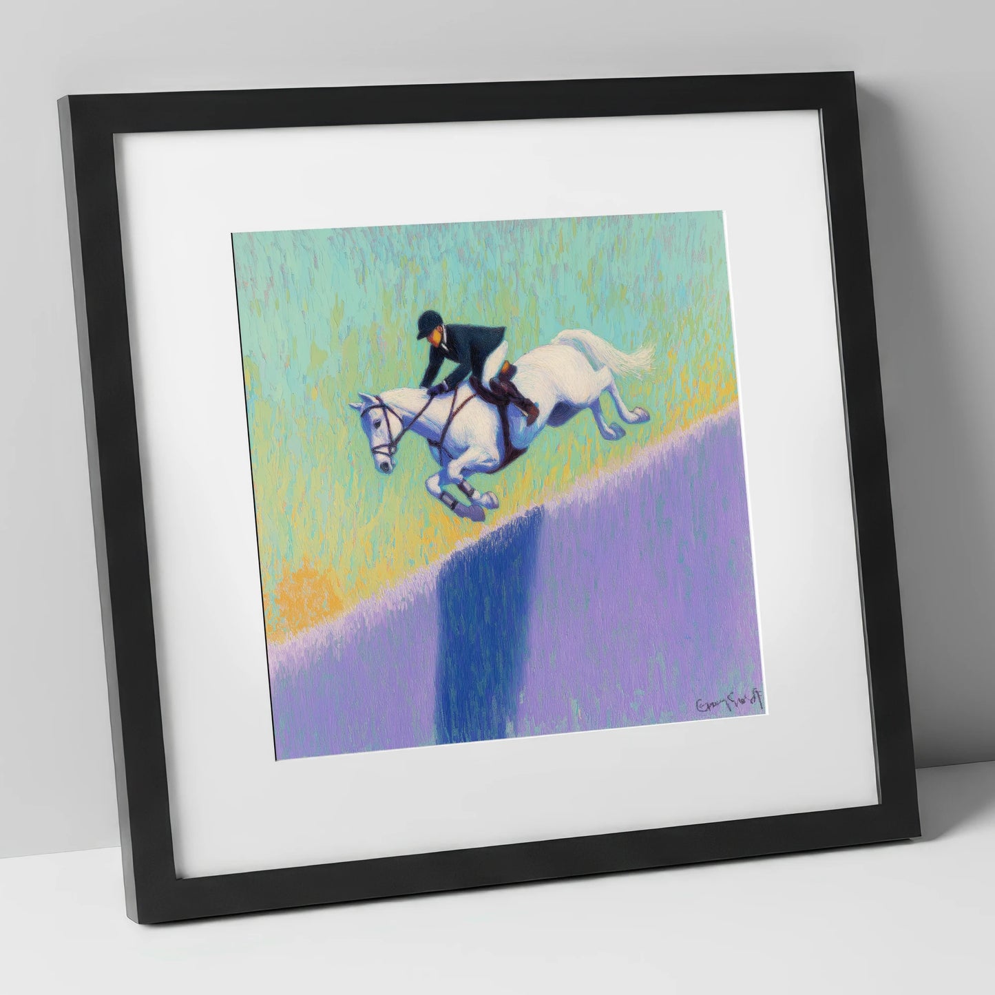 Flight Over Lavender show jumping horse art print in black frame