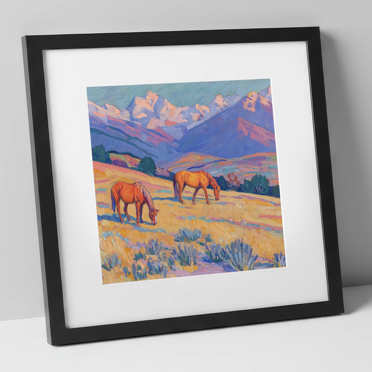 Grazing Beneath Violet Peaks horse landscape art print in black frame