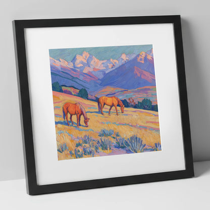 Grazing Beneath Violet Peaks horse landscape art print in black frame