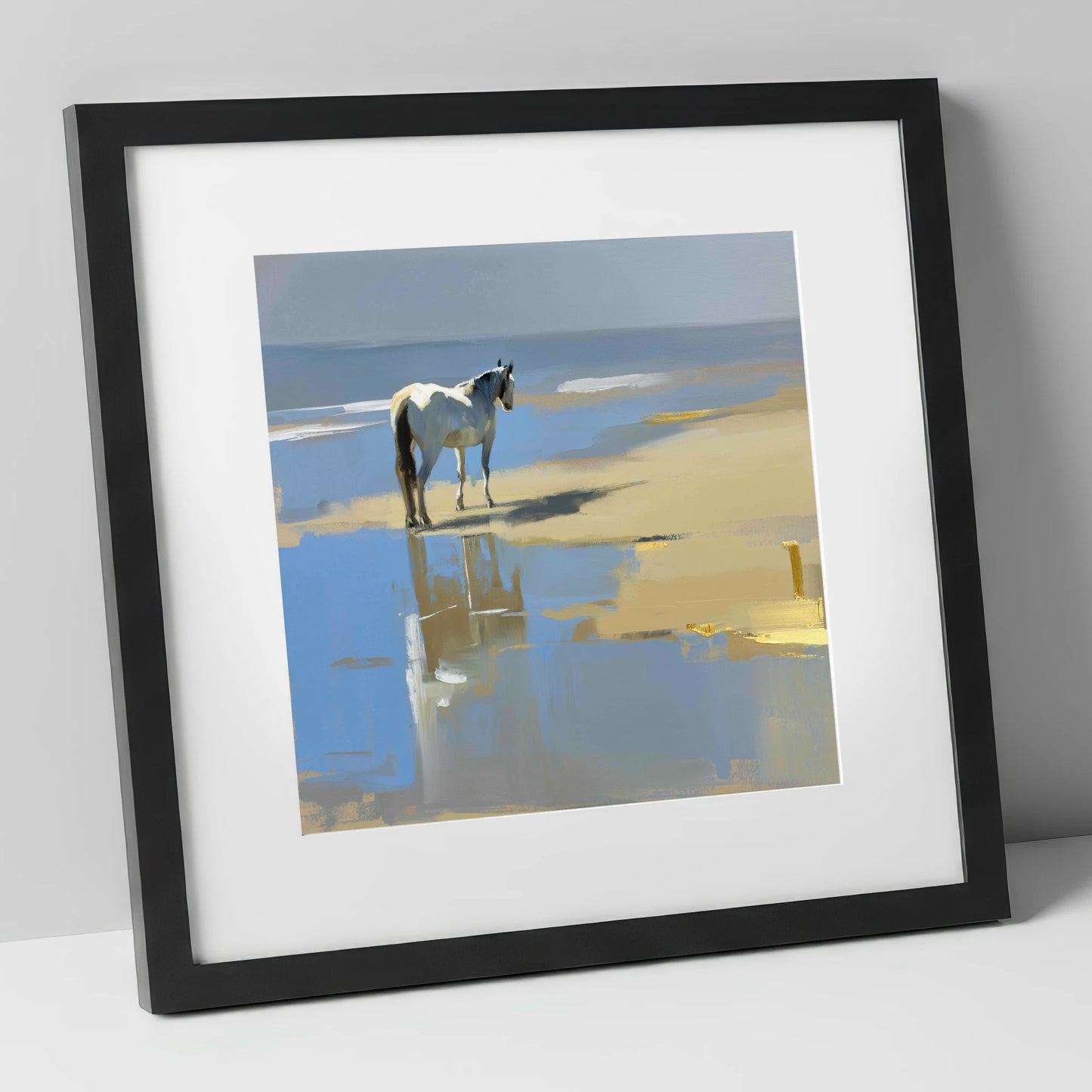 Shoreline Solitude horse landscape art print in black frame