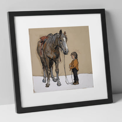 Silent Understanding horse & rider art print in black frame