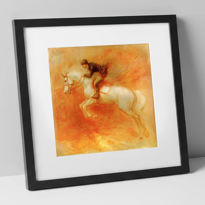 Terracotta Flight show jumping horse art print in black frame