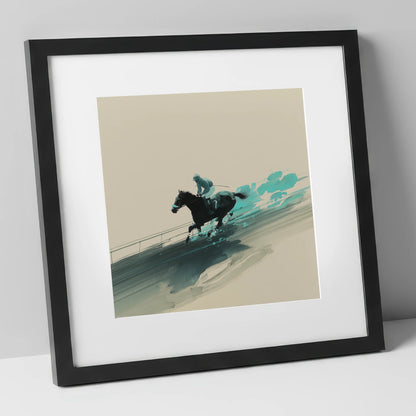 Velocity in Teal racing horse art print in black frame