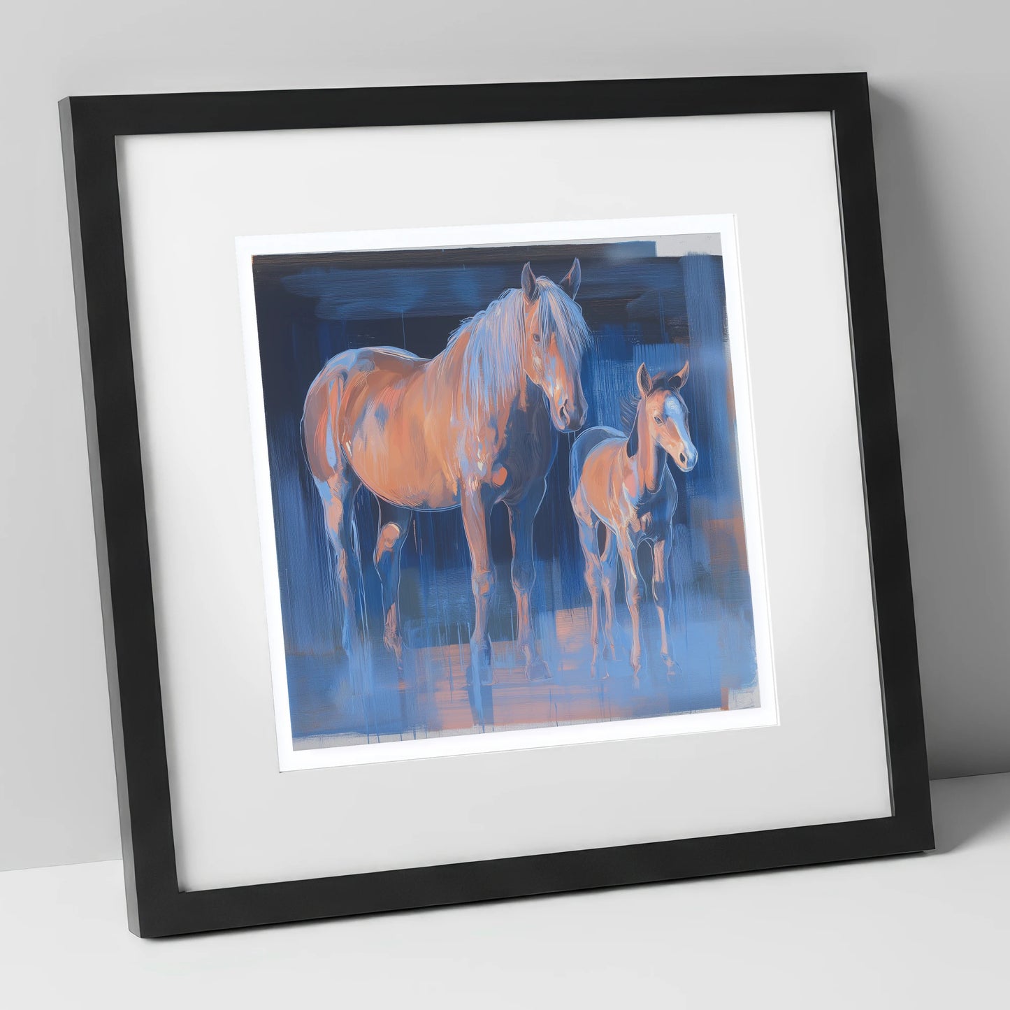 Cobalt and Apricot mare & foal art print in black frame