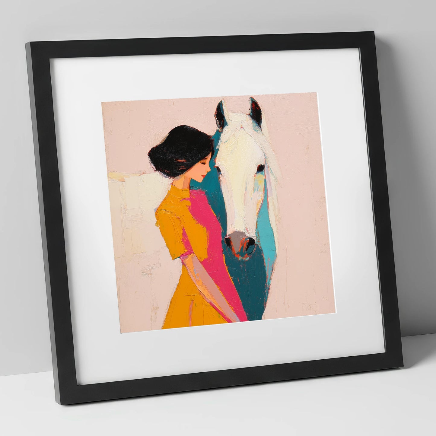 Vibrant Harmony horse & rider art print in black frame