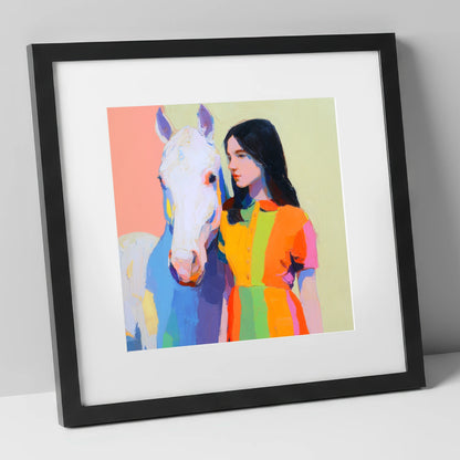 Vibrant Harmony horse & rider art print in black frame