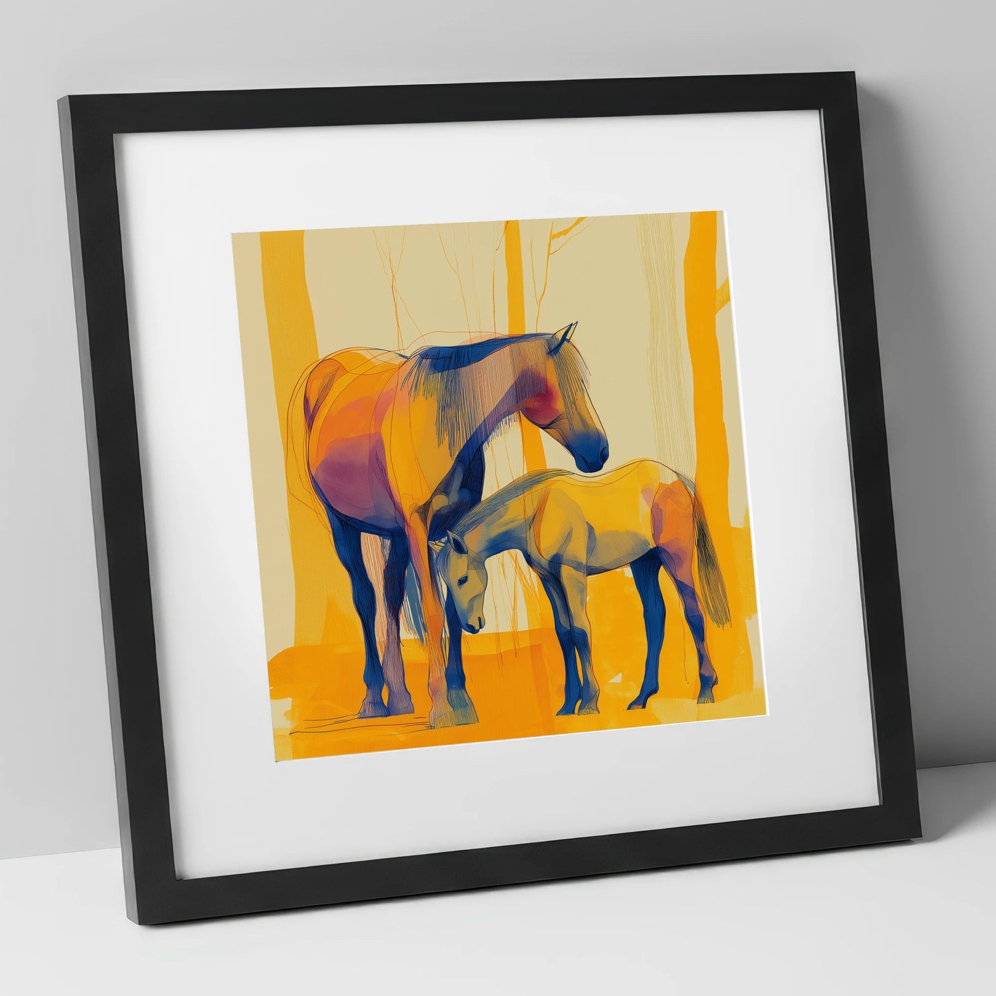 Saffron Mare and Foal horse landscape art print in black frame