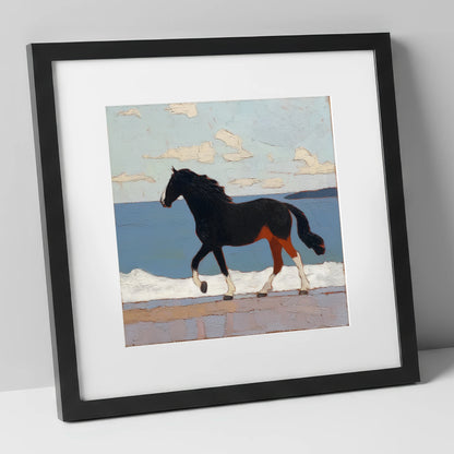 Seaside Stride horse landscape art print in black frame