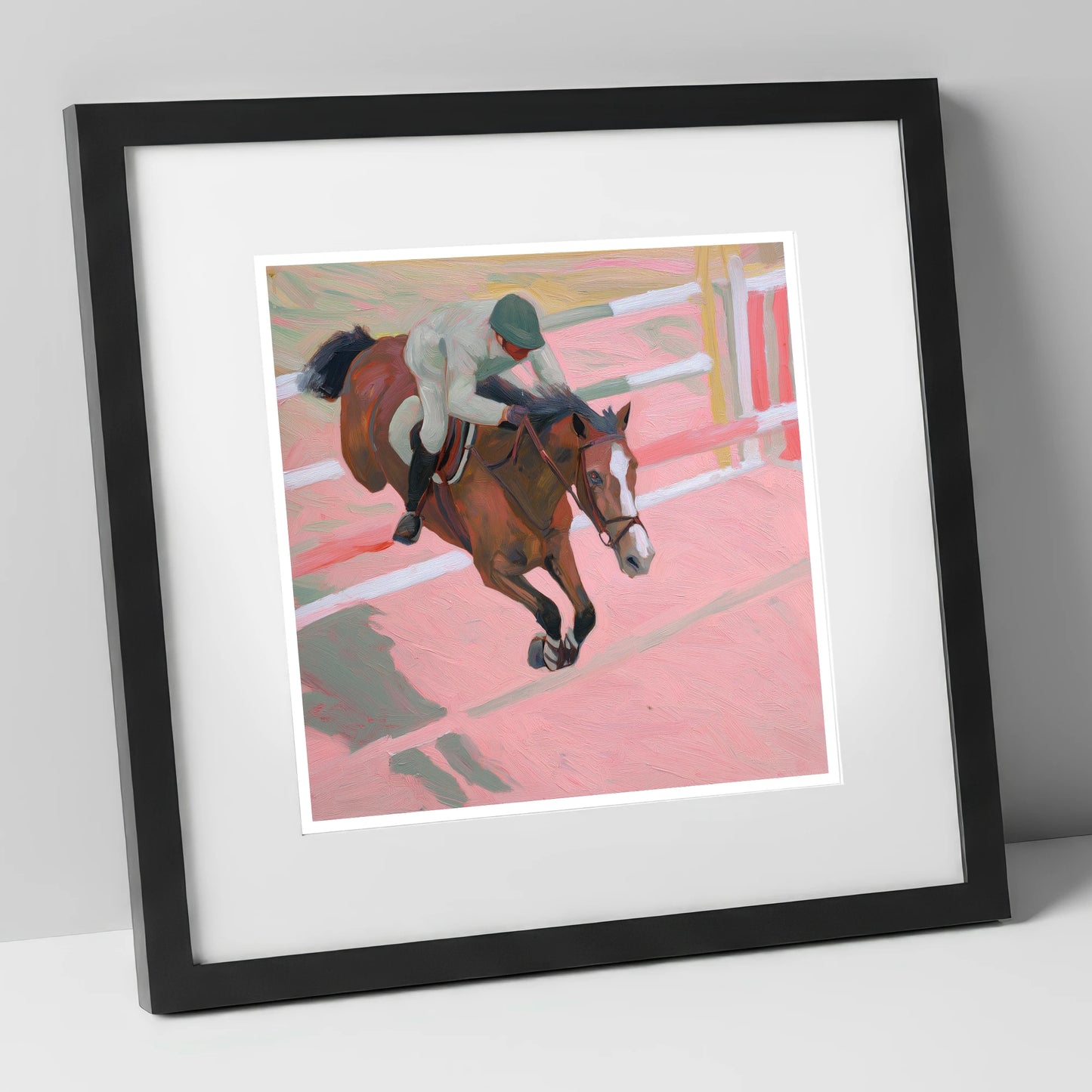Suspended in Pink show jumping horse art print in black frame