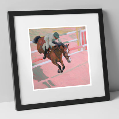 Suspended in Pink show jumping horse art print in black frame
