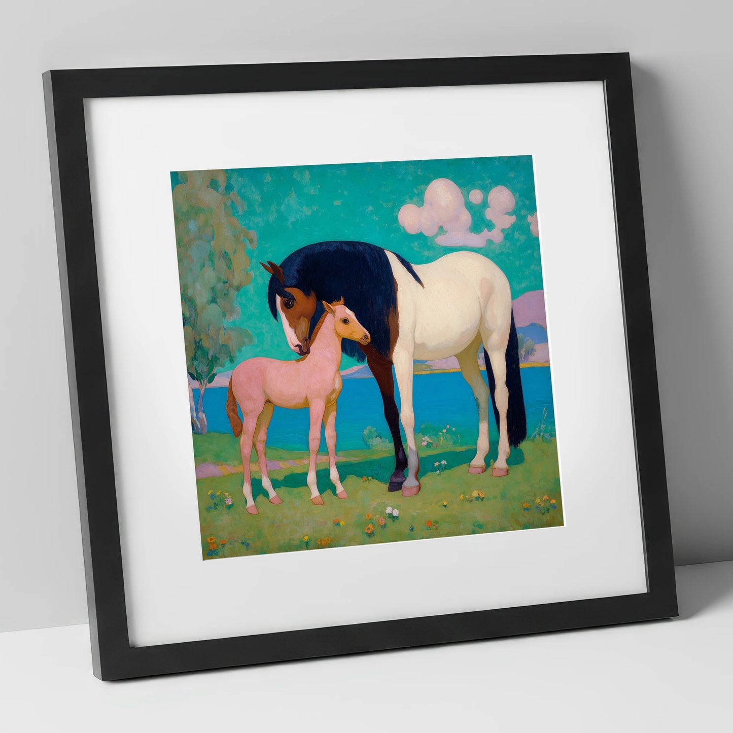 Dreamscape Mare and Foal mare & foal art print in black frame