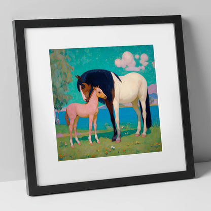 Dreamscape Mare and Foal mare & foal art print in black frame