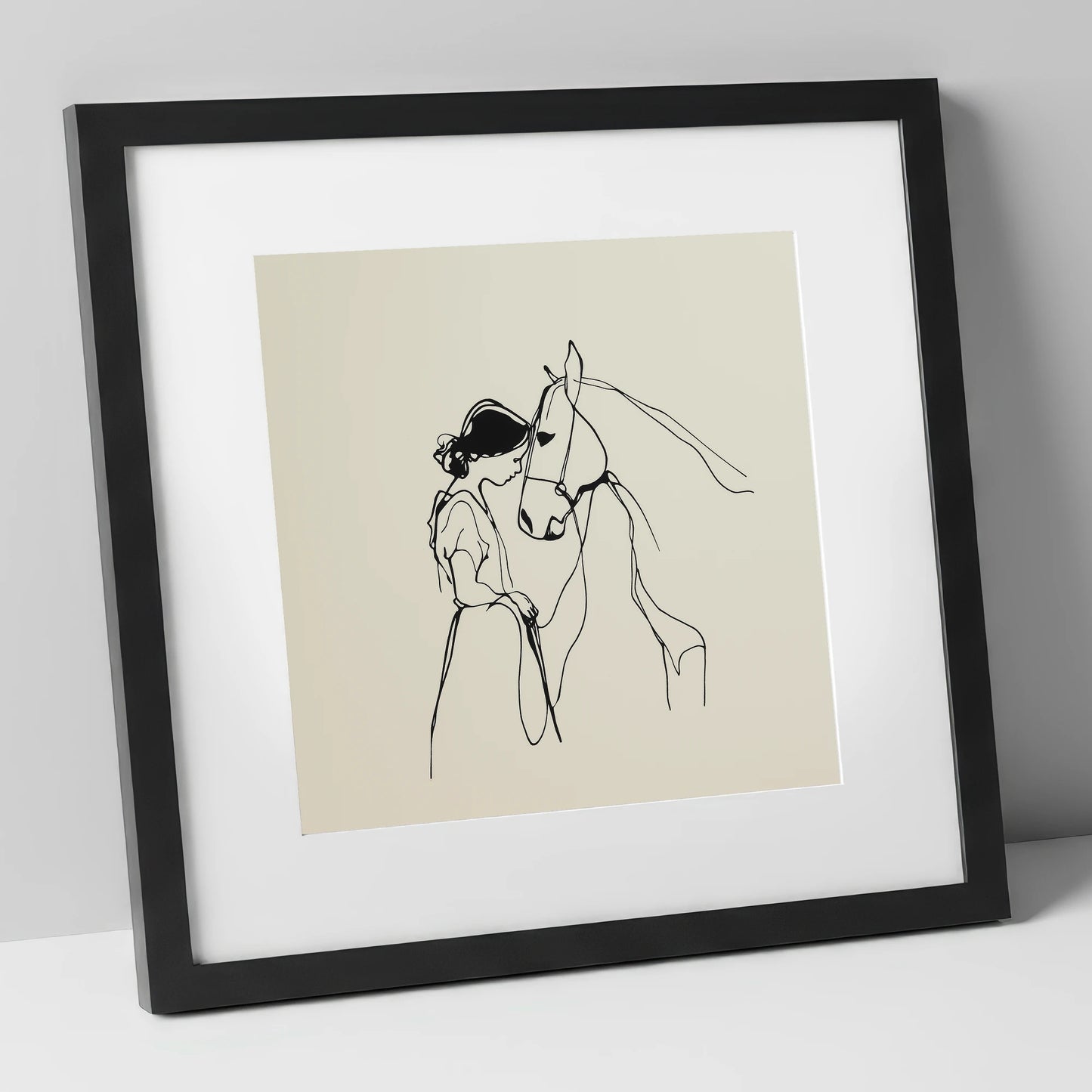 The Gentle Bond horse & rider art print in black frame