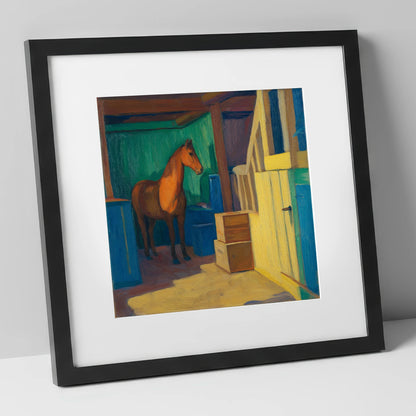 Vibrant Stable Light horse stable art print in black frame