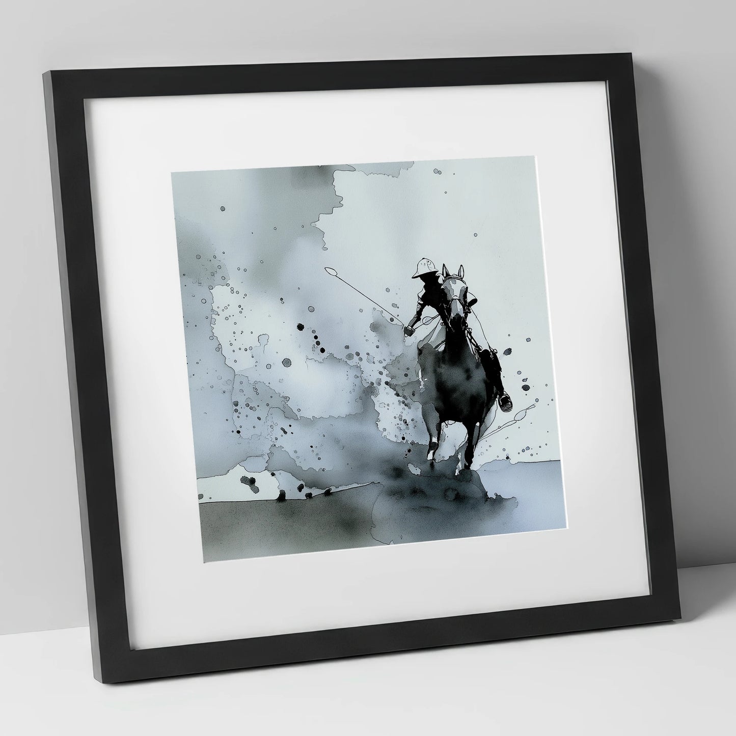 Out of the Mist polo horse art print in black frame
