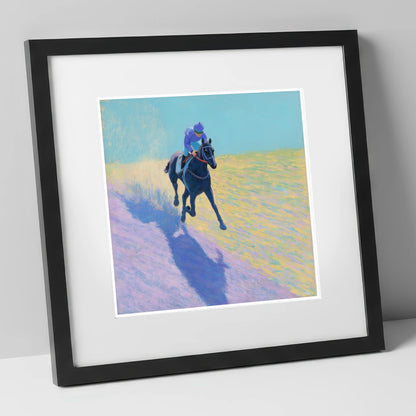 Pastel Morning Canter racing horse art print in black frame