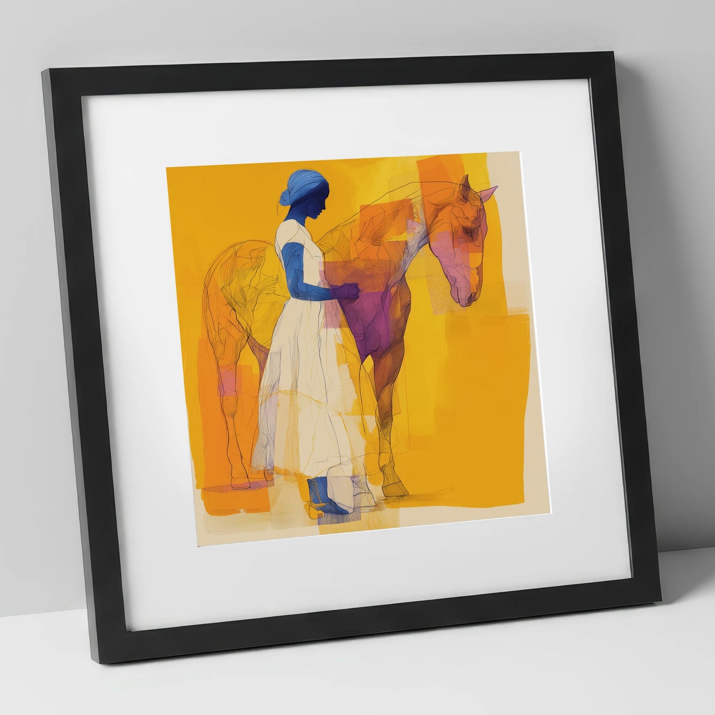 Structured Harmony horse & rider art print in black frame