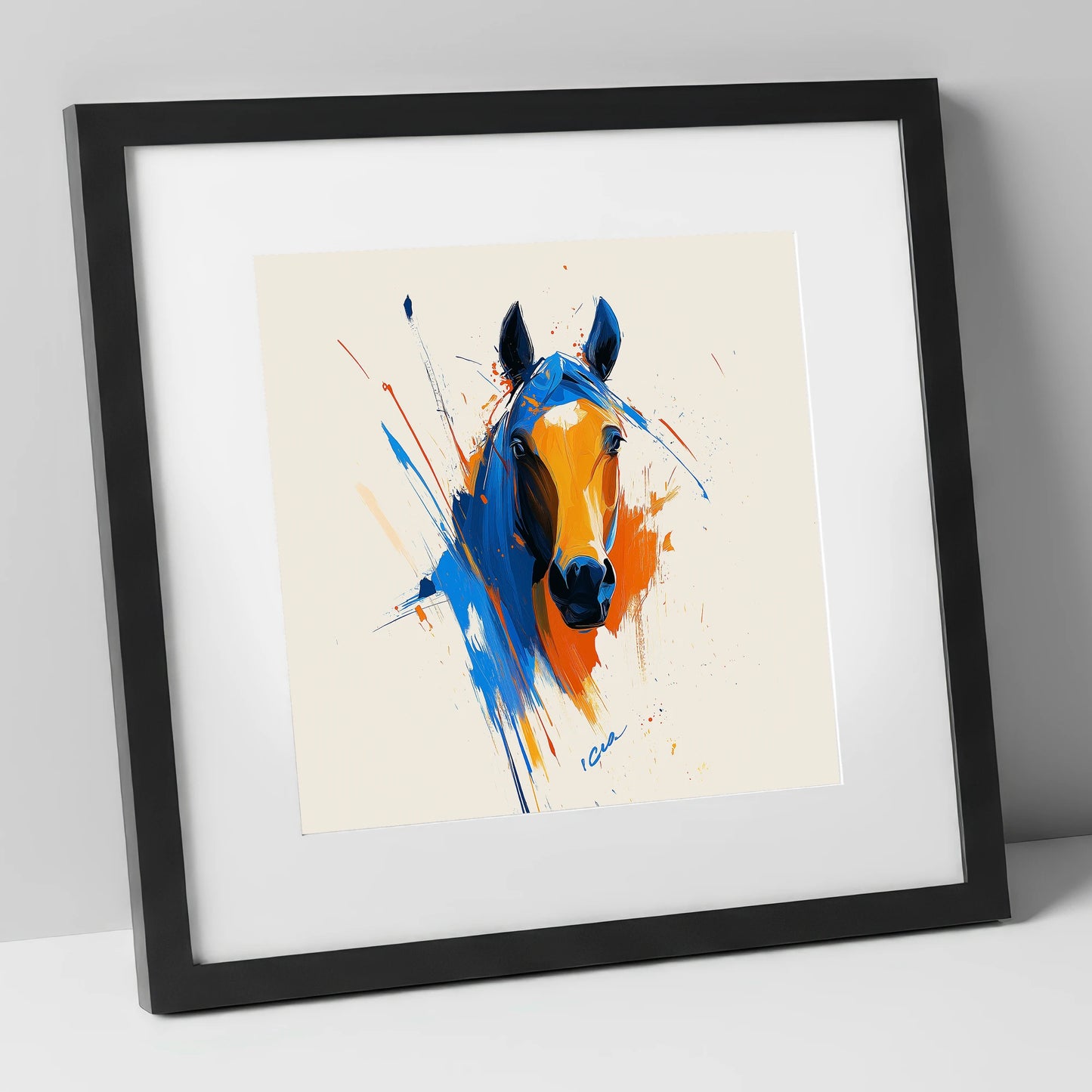 Indigo and Fire horse portrait art print in black frame