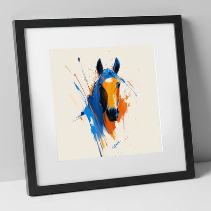 Indigo and Fire horse portrait art print in black frame