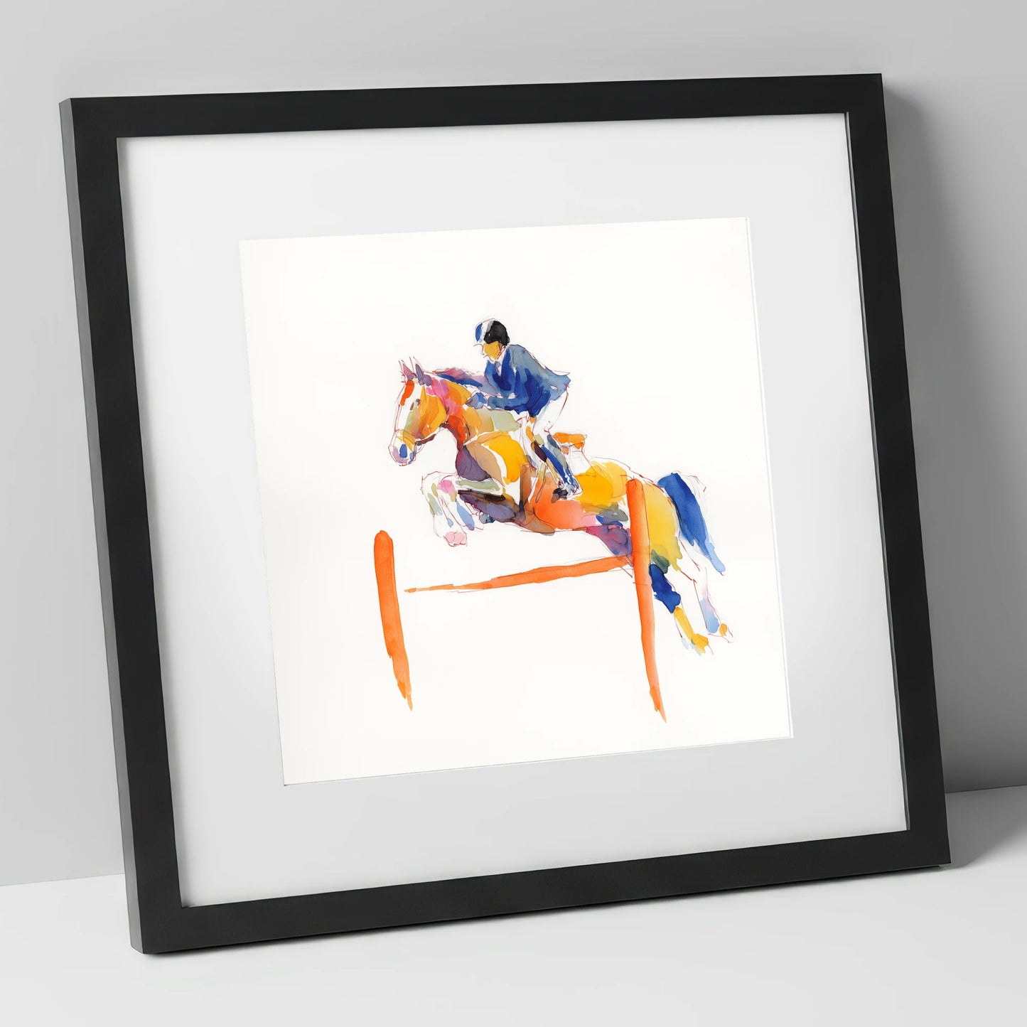 Vibrant Clear Round show jumping horse art print in black frame
