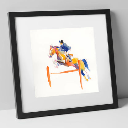 Vibrant Clear Round show jumping horse art print in black frame
