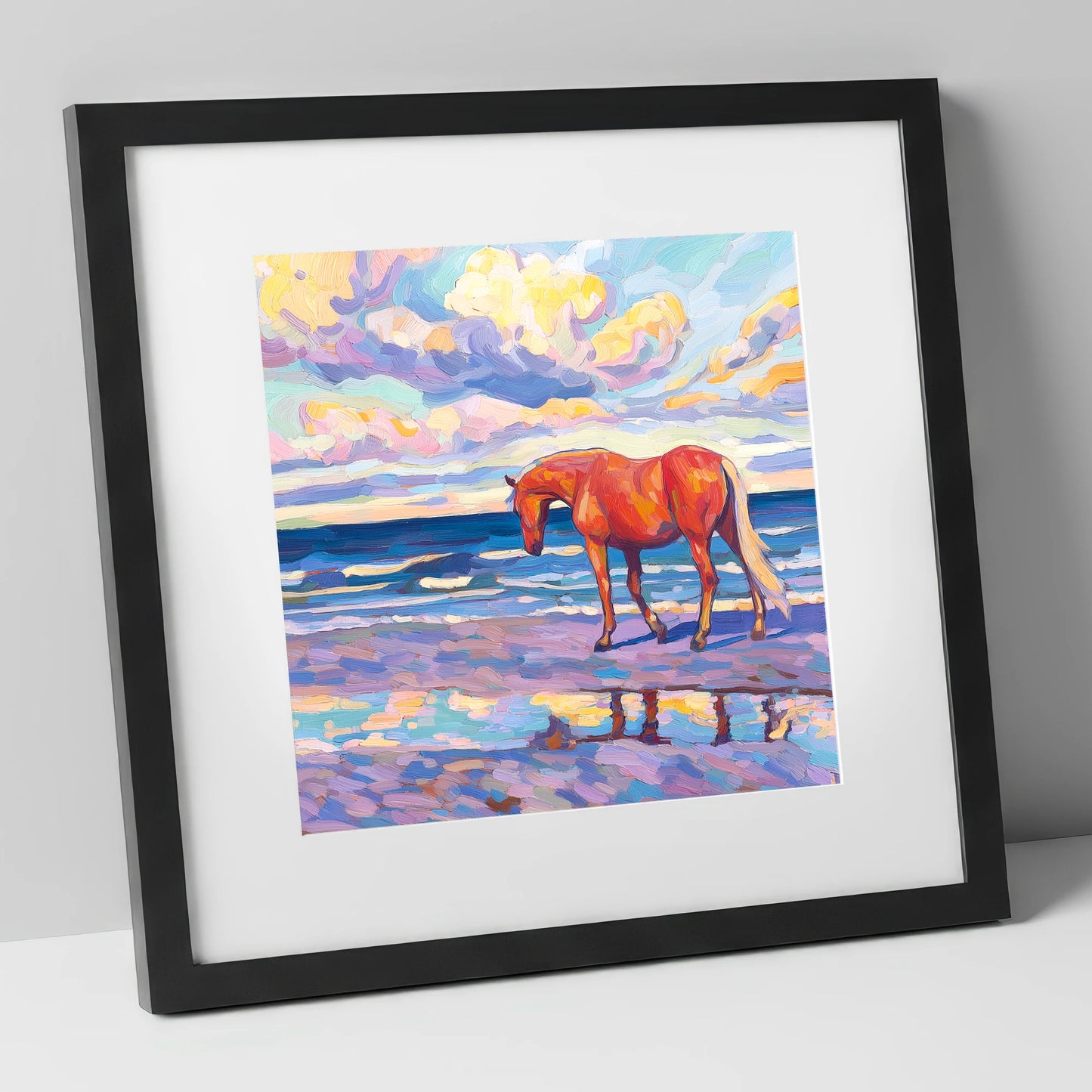 Vivid Coastal Solitude horse landscape art print in black frame
