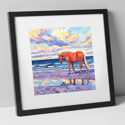 Vivid Coastal Solitude horse landscape art print in black frame