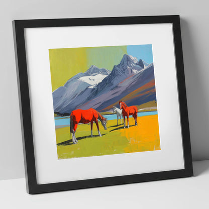 Vibrant Mountain Grazing horse landscape art print in black frame