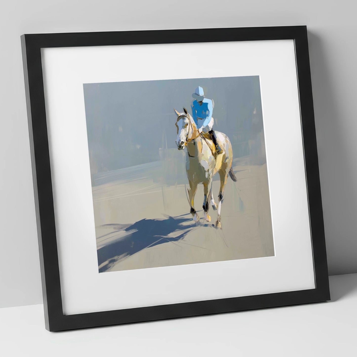 Sunlit Racing Grey racing horse art print in black frame