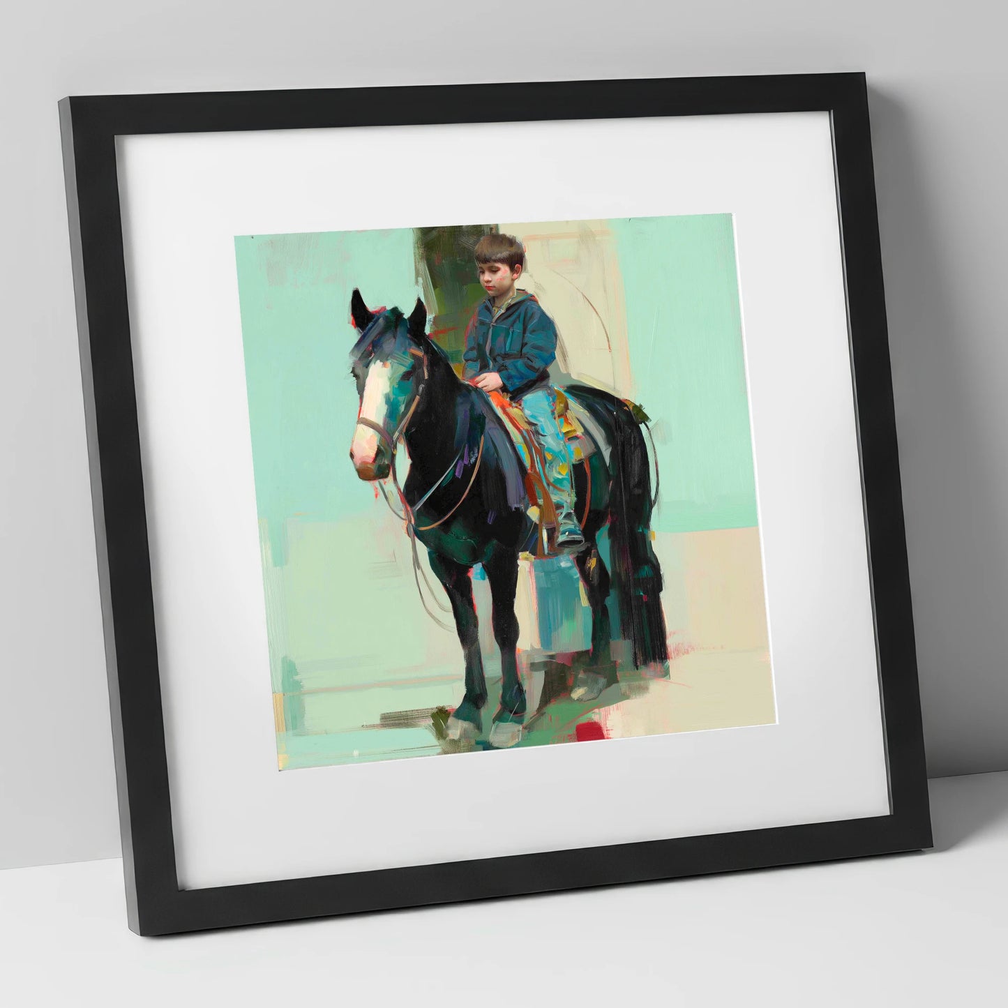 The Quiet Partnership horse & rider art print in black frame