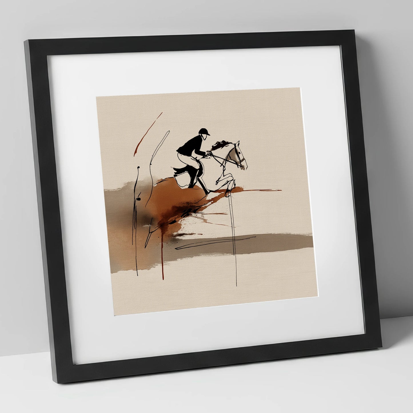 Dynamic Suspension show jumping horse art print in black frame