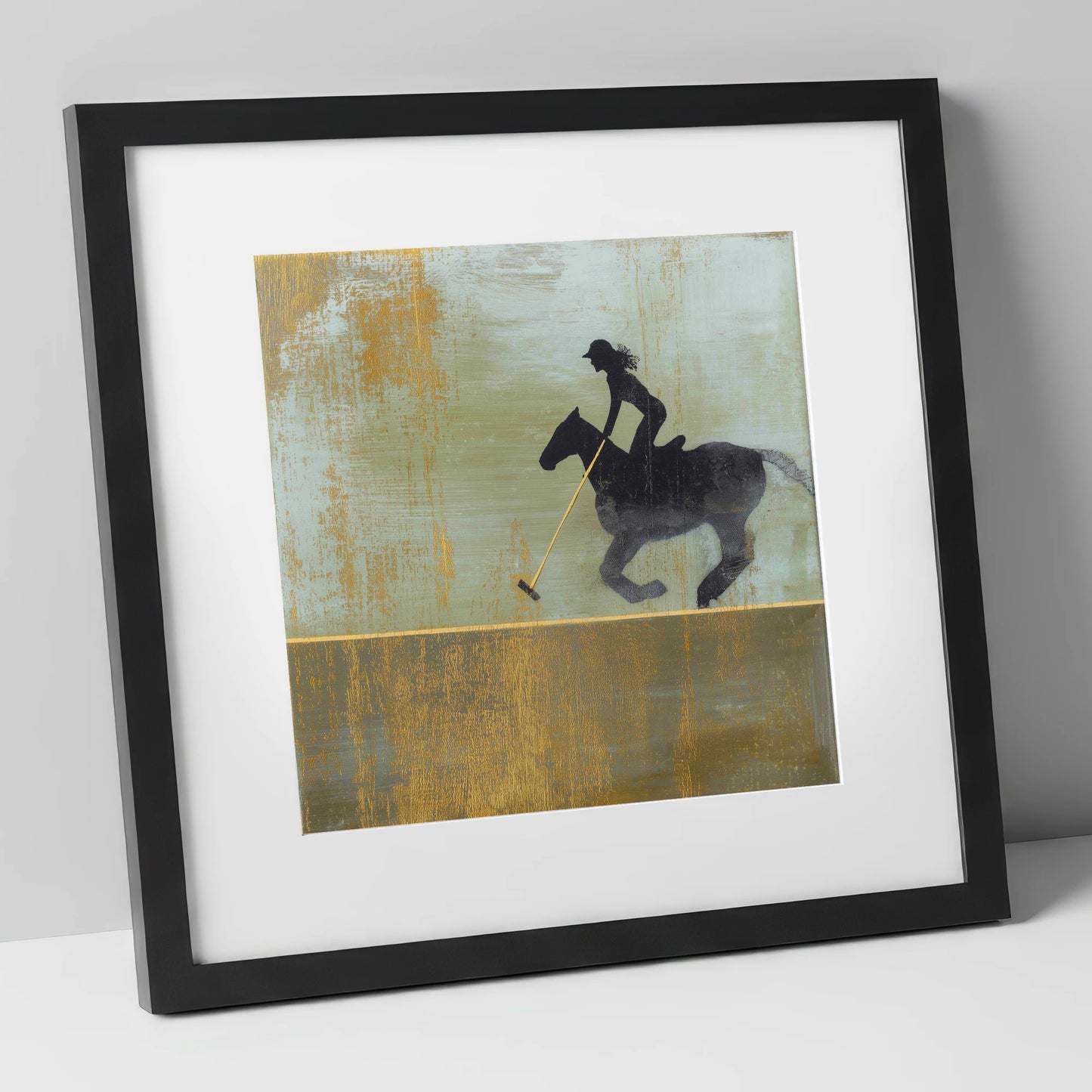 Gilded Polo Silhouette polo horse art print in black frame