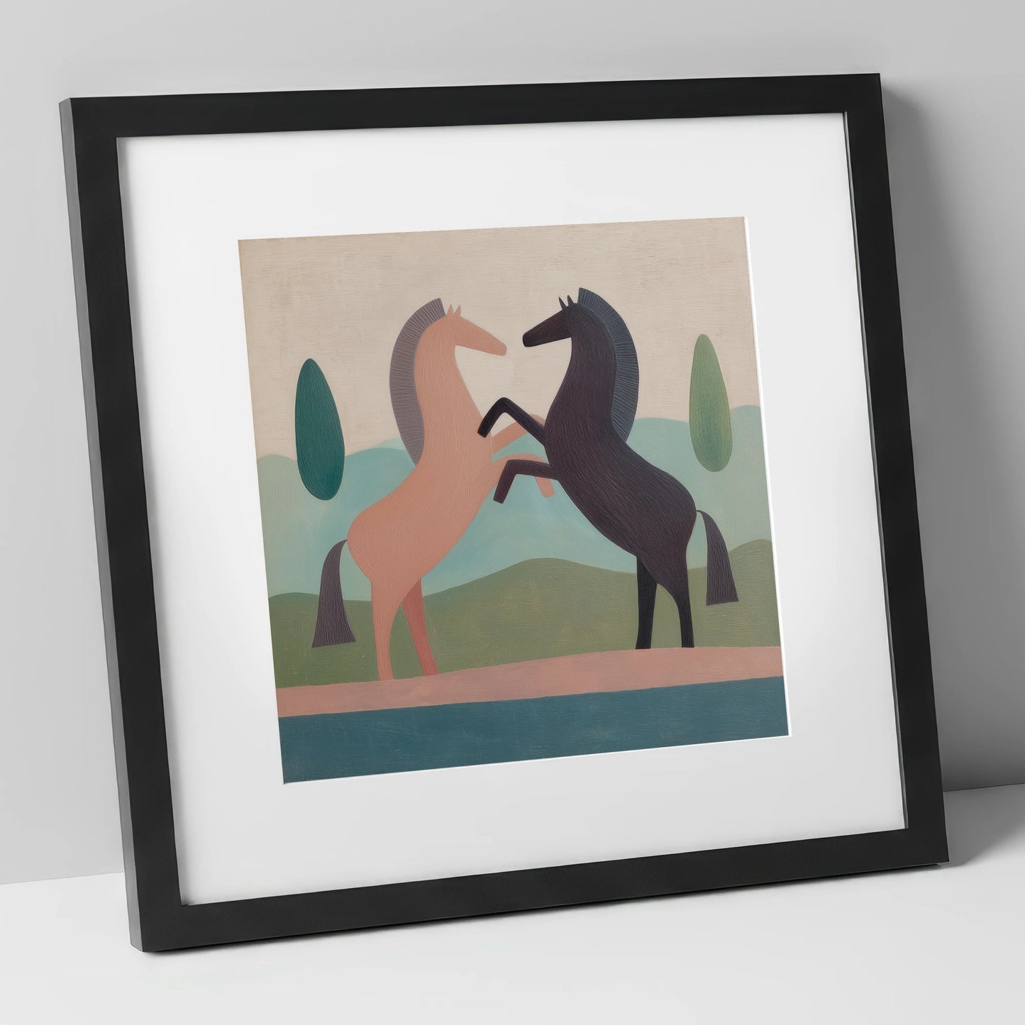 Earthy Equine Harmony wild horses art print in black frame