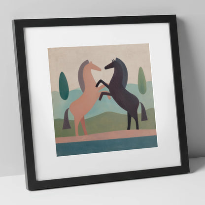 Earthy Equine Harmony wild horses art print in black frame