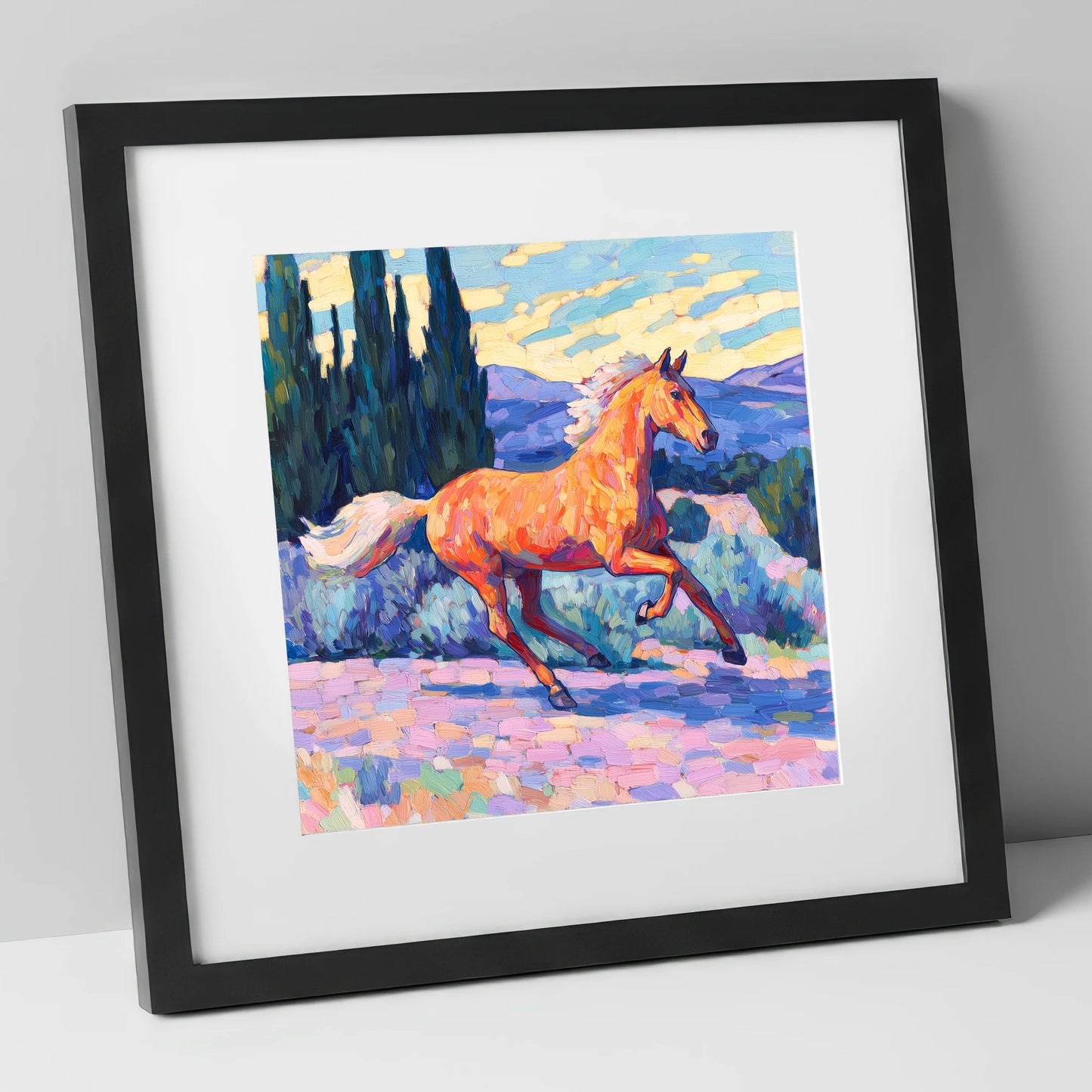 Vibrant Golden Canter horse breed art print in black frame