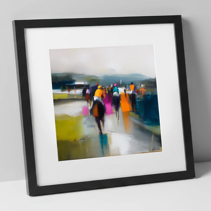 Colours on the Turf racing horse art print in black frame