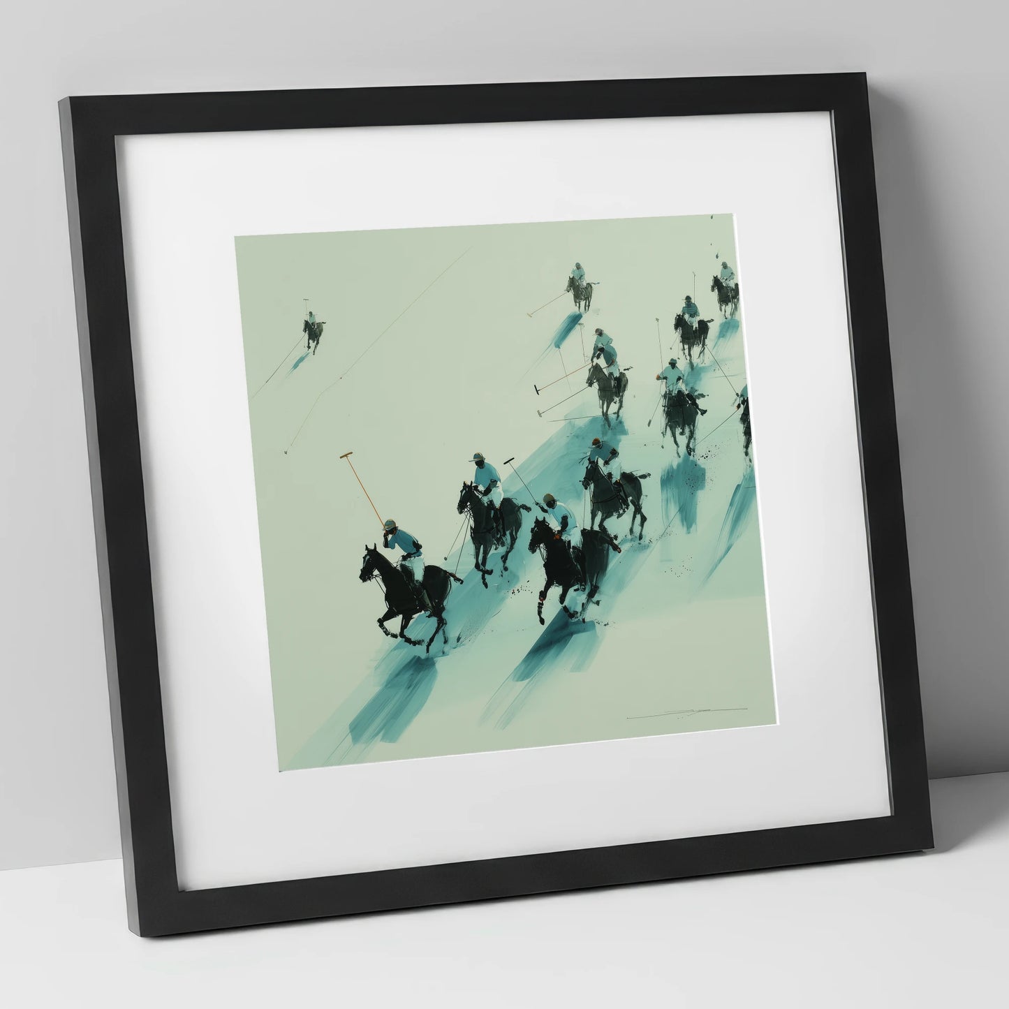 The Downfield Charge polo horse art print in black frame