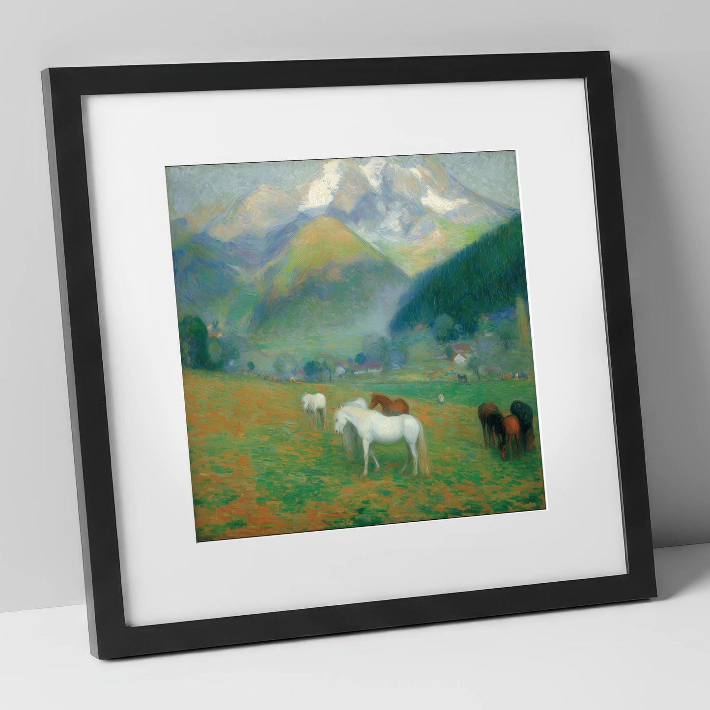 Luminous Mountain Pastures horse landscape art print in black frame