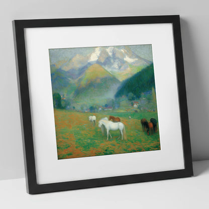 Luminous Mountain Pastures horse landscape art print in black frame