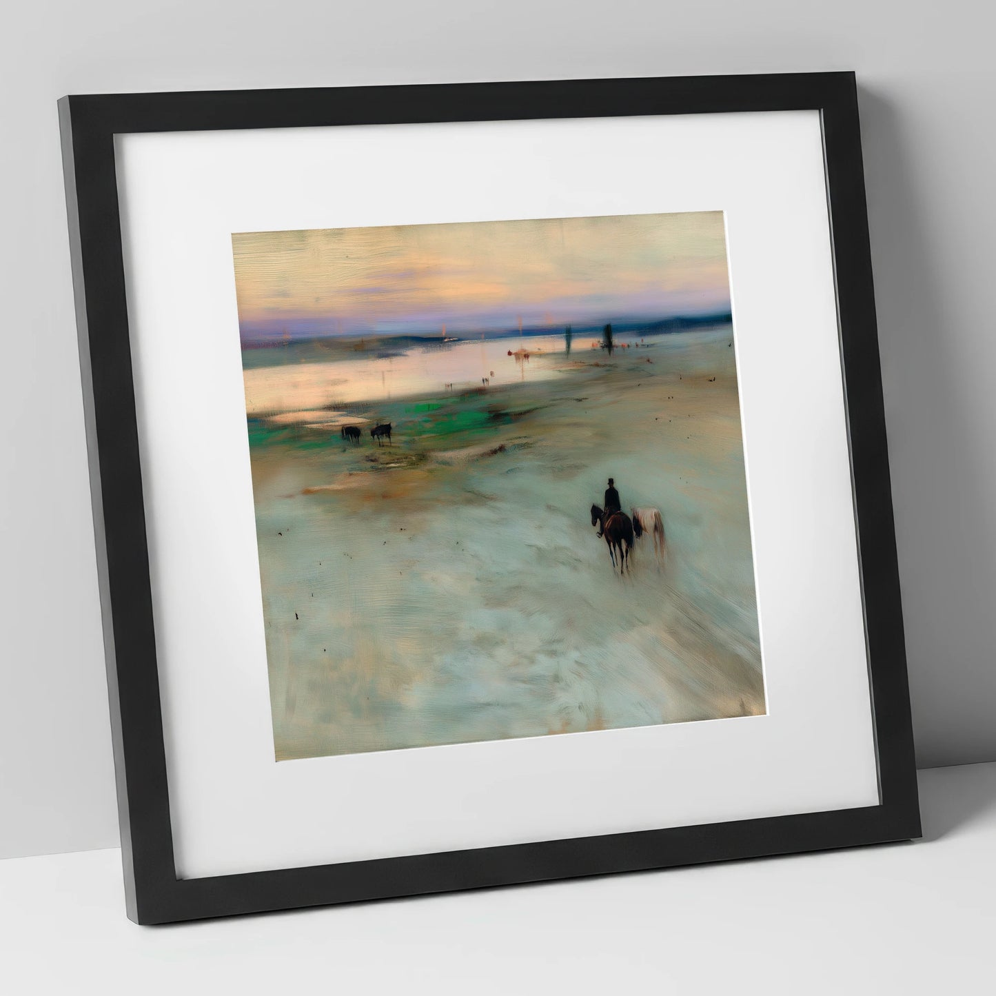 Across the Evening Sands horse landscape art print in black frame