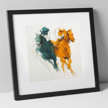 Dynamic Duel racing horse art print in black frame