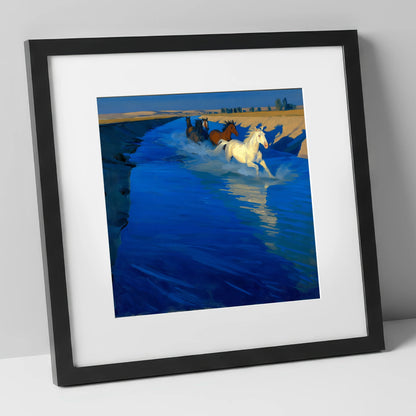 Azure Water Crossing wild horses art print in black frame