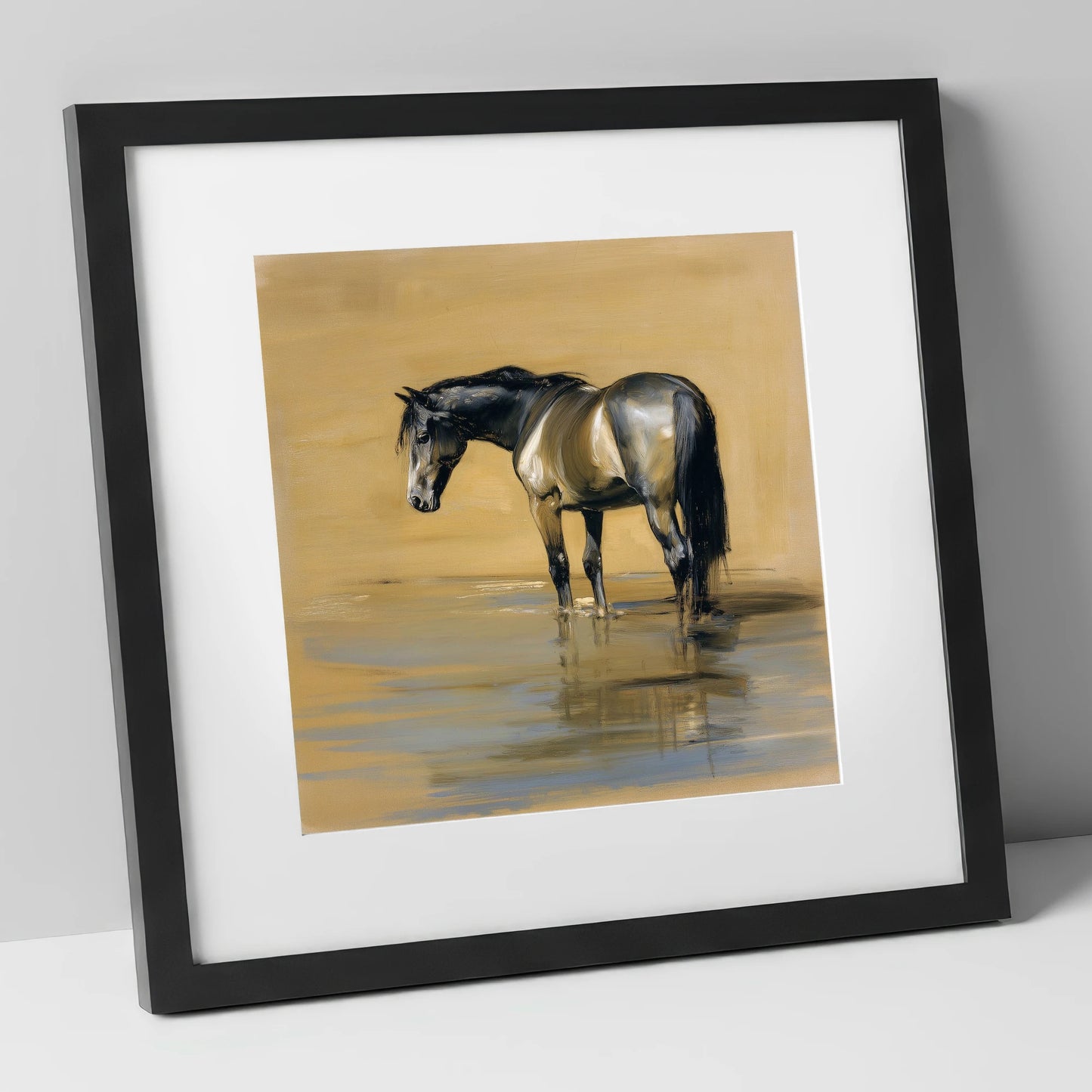 Reflection in Ochre horse portrait art print in black frame